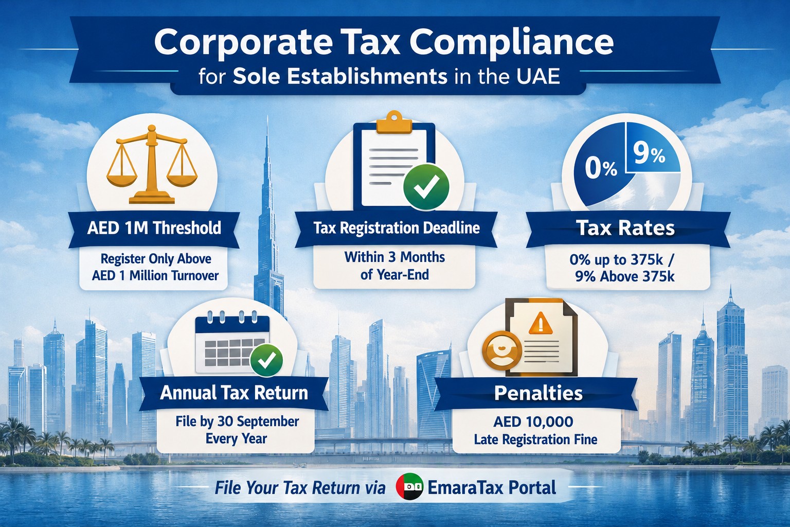 UAE Corporate Tax compliance for Sole Establishments. It highlights the AED 1 million turnover threshold, registration and filing deadlines, tax rates, and penalties